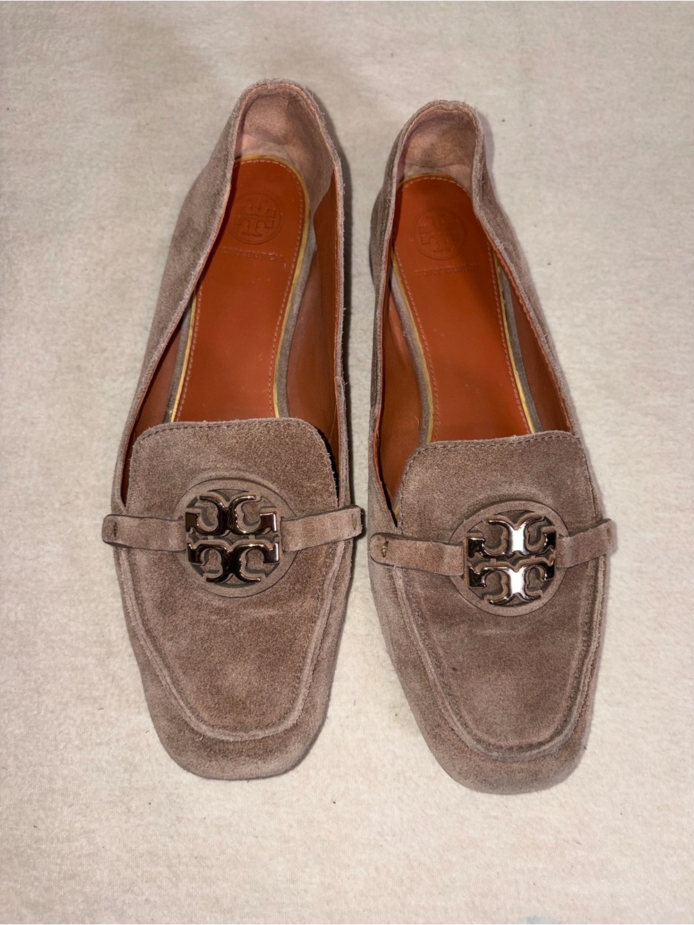 Tory Burch‎ Metal Miller 15MM Loafer Beige Taupe Suede Leather Size 7.5M